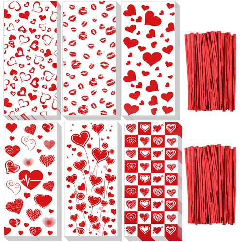 150 Pieces Valentine Candy Bags with 200 Pieces Twist Ties for Valentine Party Holiday Supplies